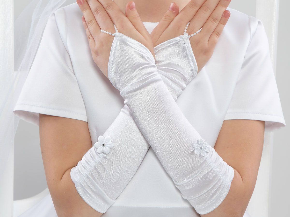 Długie rękawiczki na palec z białym kwiatkiem z kryształkiem NR5/DS - większe